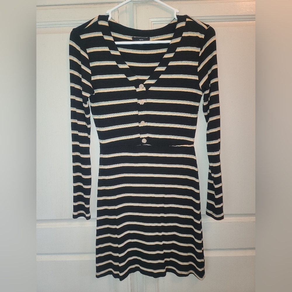 Fate Black Rainbow Stripe Ribbed Texture Long Sleeve Dress